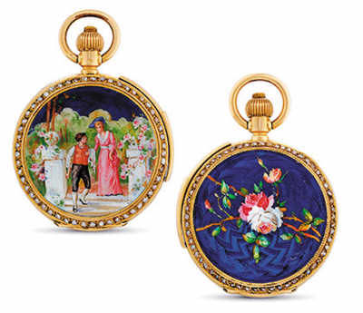 Invicta, 18K金及琺瑯鑲珍珠獵殼懷表,配三問功能,約1890年制,在香港佳士得2013年春拍中以18.75萬港元(約合人民幣15萬元)成交。