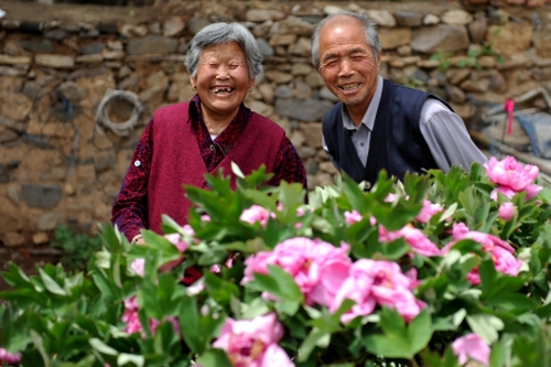 　5月13日，許潤枕（右）和老伴兒董振賢在牡丹花前合影。