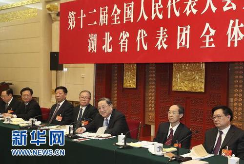 3月5日，中共中央政治局常委、全國政協主席俞正聲參加十二屆全國人大三次會議湖北代表團的審議。 新華社記者 龐興雷 攝