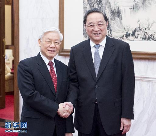 4月8日，中共中央政治局常委、全國政協主席俞正聲在北京會見越共中央總書記阮富仲。 新華社記者 王曄 攝