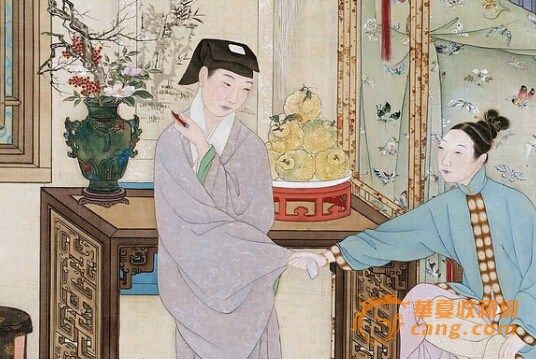 　　帳前大盤堆放香櫞，并有一瓶歲寒清供，山茶、梅、南天竹
