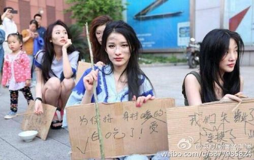 　4月26日晚消息，一大波美女車模打扮成乞丐，在上海徐家匯街頭乞討，以抗議車展拒絕車模導(dǎo)致自己失業(yè)。3