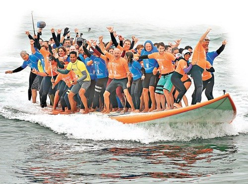 這塊巨型沖浪板長42英尺(約12.8米)、寬11英尺、重1300磅，66名沖浪高手成功在沖浪板上沖浪12秒。