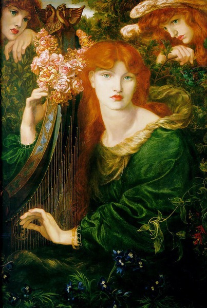 但丁·加百列·羅塞蒂，《彈豎琴的女人》（1873），布面油畫。（來自倫敦市政廳藝廊）