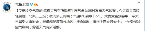 北京氣象臺：白天霧轉輕度霾上午霧霾有所緩解