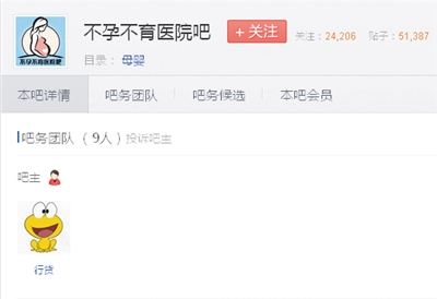 高血壓吧的吧主與不孕不育醫院吧的吧主同為一個叫“行貨”的ID。 貼吧截圖