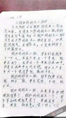 小學生寫作文勸別生二胎：媽媽有我一個頂兩個