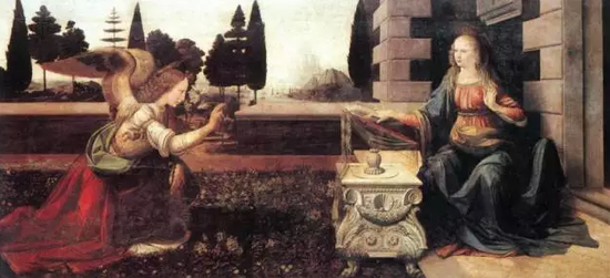 達(dá)·芬奇，《天使報(bào)喜》（1475）。李?yuàn)W納多·迪卡普里奧的母親就是在這張畫前為決定為兒子取名為李?yuàn)W納多  　　圖片：virtualuffizi.com