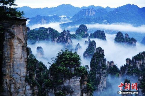 2016年5月29日，連續強降雨過后的世界自然遺產地湖南張家界核心景區武陵源天子山，飄渺無形的云海穿梭在連綿峰林間，奇美無比。