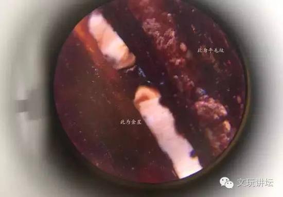 這是真金星和牛毛紋的對(duì)比，牛毛紋為一種霧化狀，而金星是充實(shí)感