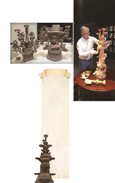 漢代陶制七頭油燈。十三頭的西王母油燈是“鎮(zhèn)館之寶”。陳履生現(xiàn)場安裝布置。
