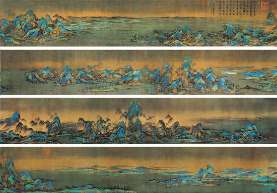 王希孟《千里江山圖》，絹本青綠設色，縱51.5厘米、橫1191.5厘米，北京故宮博物院藏