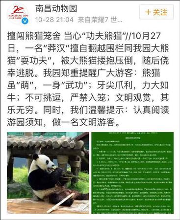 南昌動物園補(bǔ)充道，該男子逃離后未向園方反映情況，動物園檢查之后確認(rèn)美靈沒有受傷或受到驚嚇。