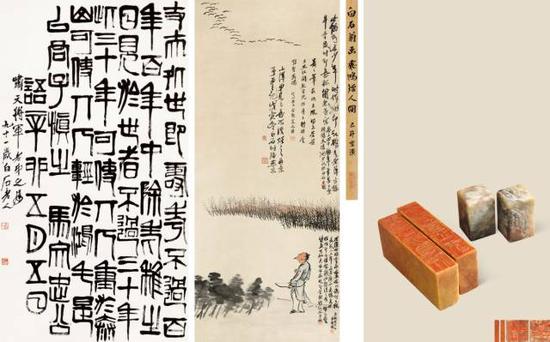 　　齊白石“三絕合璧”：《篆書丈夫處世散語(yǔ)中堂》《撥弦獵雁圖》《致胡洪開印》二組四方，成交價(jià)：5175萬(wàn)元