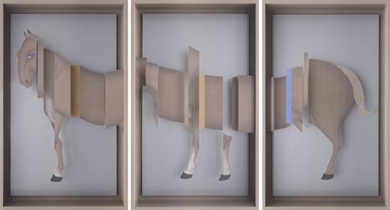 《白馬非馬》 155x95厘米x3 絹本繪畫裝置 2015年