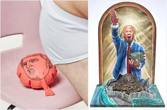左圖是特朗普屁墊，右圖是諷刺特朗普乃當代希特勒的漫畫。