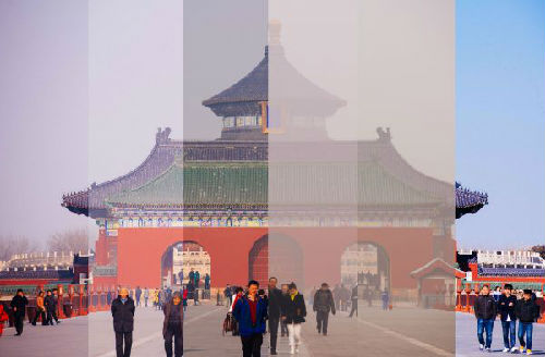 12月17日至22日（從左至右）在北京拍攝的天壇公園祈年殿建筑群（拼版照片）