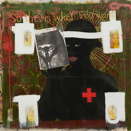 　　《這就是你想要的嗎？（So This Is What You Want？）》，布面丙烯、拼貼，1992年。圖片來源：大都會布勞耶分館官網