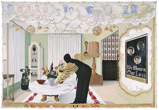 　　《紀念物一（Souvenir I）》，布面丙烯、拼貼、絲網印刷、亮片，1997年。圖片來源：大都會布勞耶分館官網