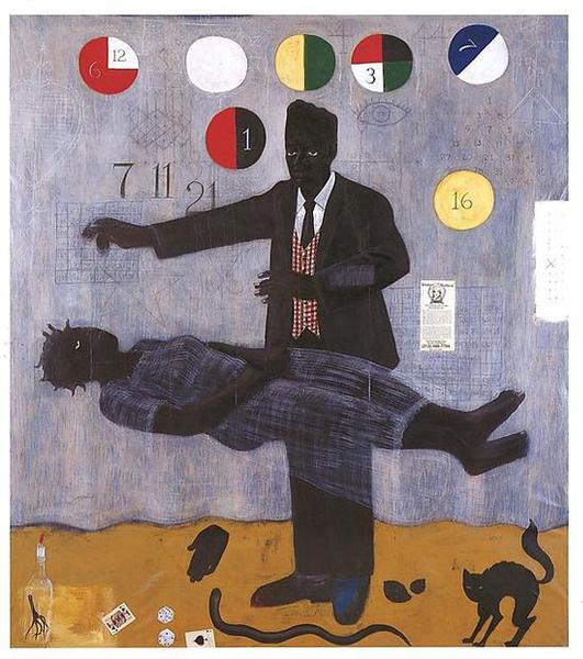 　　《當挫折威脅欲望（When Frustration Threatens Desire）》，布面丙烯和拼貼，1990年。圖片來源：大都會布勞耶分館官網
