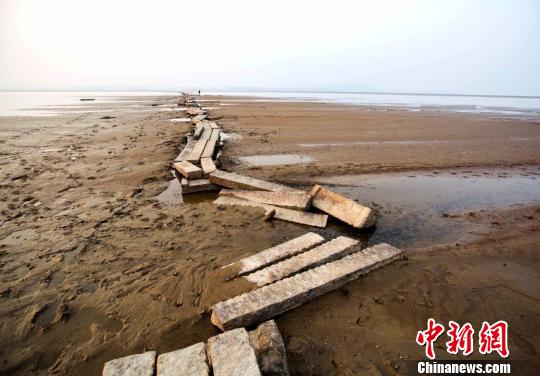 　　近年來，當鄱陽湖水位下降至枯水位時，石橋就會露出水面，成為當地一景。圖為游人在古橋上行走。12月23日攝　傅建斌　攝