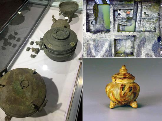 拼版圖片，左：成都市青白江區(qū)大彎鎮(zhèn)雙元村發(fā)掘出土的青銅器；右上：成都市青龍街一工地發(fā)現(xiàn)的摩訶池西北角遺址；右下：邛窯精品邛三彩香爐。
