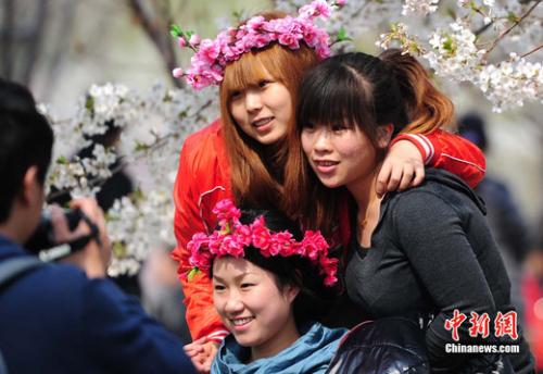 圖為清明假日中市民在玉淵潭櫻花樹(shù)下拍下節(jié)日?qǐng)D片。<a target='_blank' href='http://www.chinanews.com/'>中新社</a>發(fā) 鄒憲 攝 