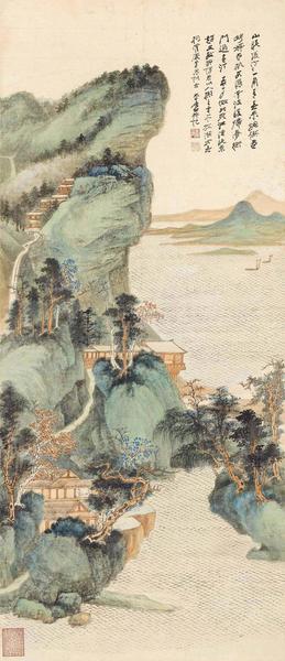 張大千  山水樓閣圖  紙本設色