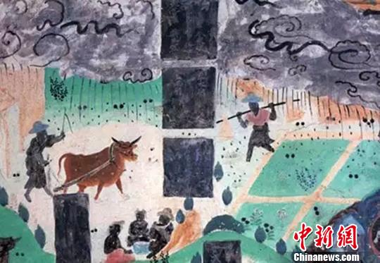 圖為莫高窟23窟壁畫(huà)雨中耕作(盛唐)。敦煌研究院供圖 攝