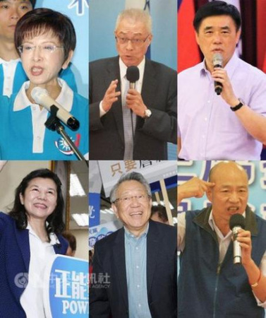 國民黨主席選舉6位候選人：洪秀柱(上排左起)、吳敦義、郝龍斌、潘維剛(下排左起)、詹啟賢、韓國瑜。“中央社”圖