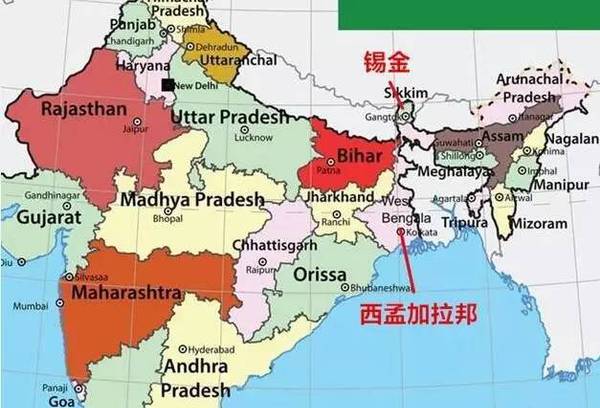 錫金與西孟加拉邦的地理位置圖 。注：圖中右上方虛線內(nèi)為印度非法侵占的藏南地區(qū)。