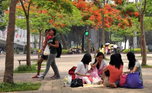 資料圖片：在香港維多利亞公園休息的菲傭。新華社記者 陳曉偉 攝