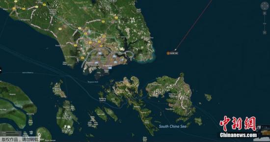 地圖顯示，與美國驅逐艦相撞后，商船在馬六甲海域停下來。
