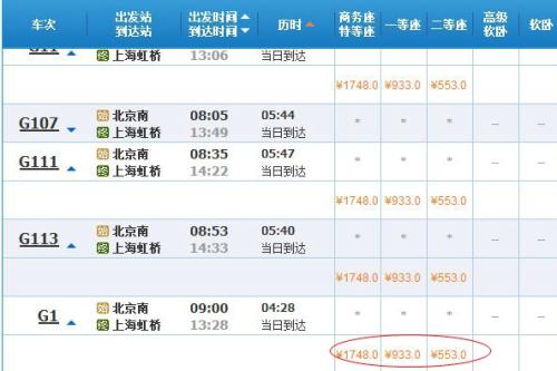 提速后的“復興號”票價與其他高鐵列車相同，提速未提價。截圖來自12306官網