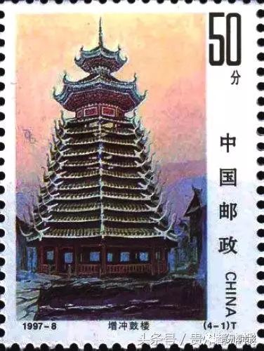 (4-1)為“增沖鼓樓”。畫面采用旭日東升時的暖色調，在涌動著的光環中表現增沖鼓樓巍峨高聳與神秘感。