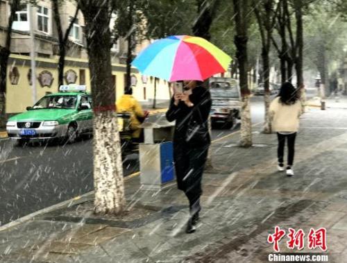 圖為9日西寧市區飄起鵝毛般大雪,市民撐傘行走。 孫睿 攝 圖為9日西寧市區飄起鵝毛般大雪,市民撐傘行走。 孫睿 攝