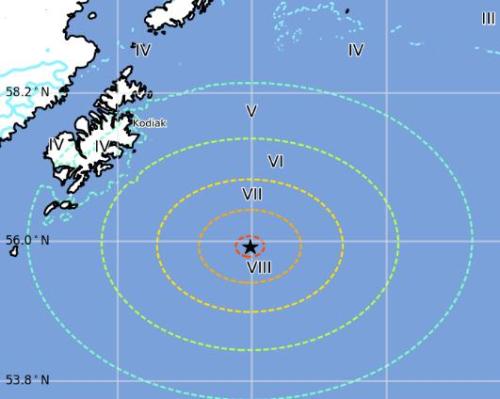阿拉斯加地震可能波及的范圍示意圖。來源：美國地質勘探局網站截圖。