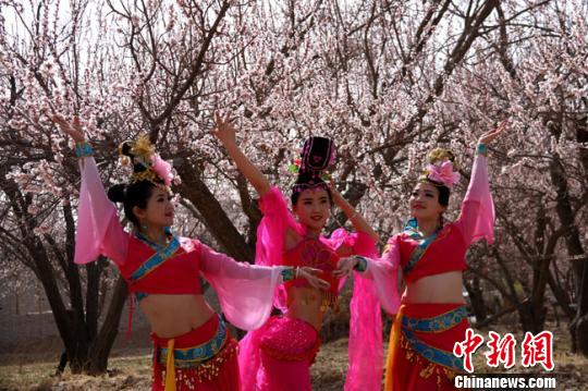 資料圖。2016年4月，參加敦煌李廣杏花節演出的演員在杏花園中拍照。　張曉亮 攝