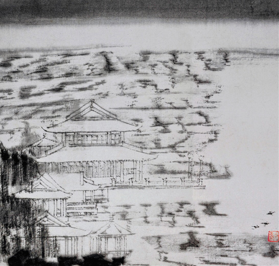 童中燾 平湖秋月 中國畫 26×26cm