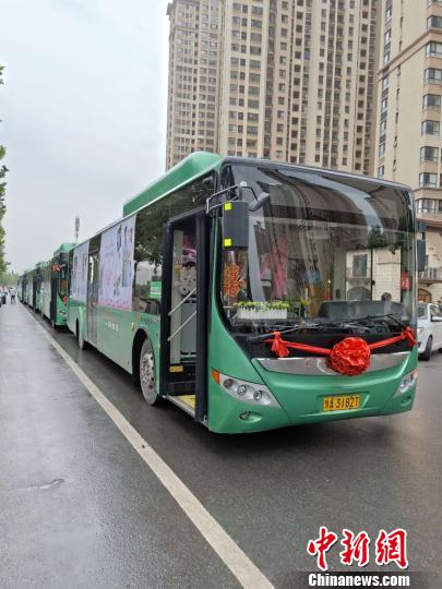 六輛公交車(chē)做婚車(chē)，新人們用實(shí)際行動(dòng)詮釋“綠色出行”。　朱幸 攝