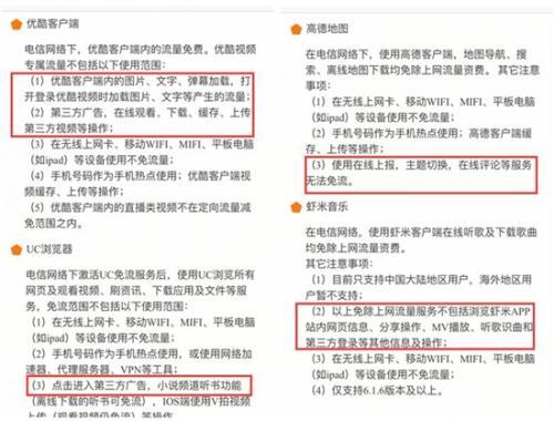 某定向流量卡說是不限流量，但設定了種種要求，用戶難以做到不使用套餐外流量。APP截圖