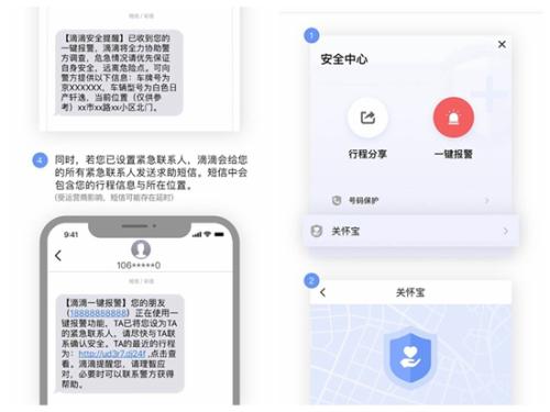 滴滴出行APP“一鍵報警”及相關短信展示。截圖