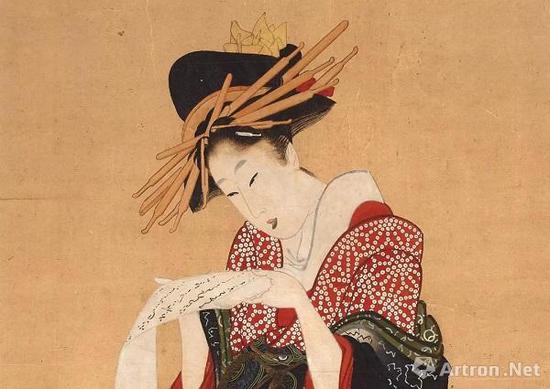 《藝妓讀信》局部，喜多川歌麿  （？-1806），彩色木刻版畫(huà)，約1805—1806年