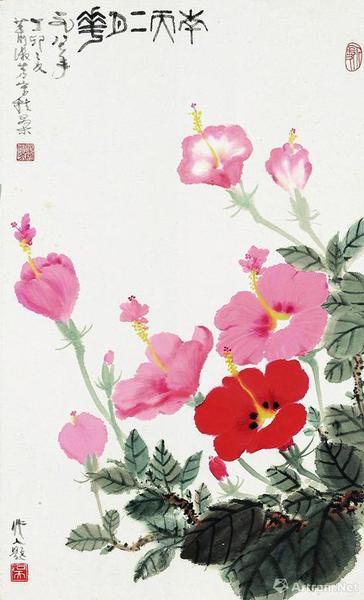 蕭淑芳吳作人1987年合作《南天二月花》，成交價33.35萬元，北京保利2018春拍