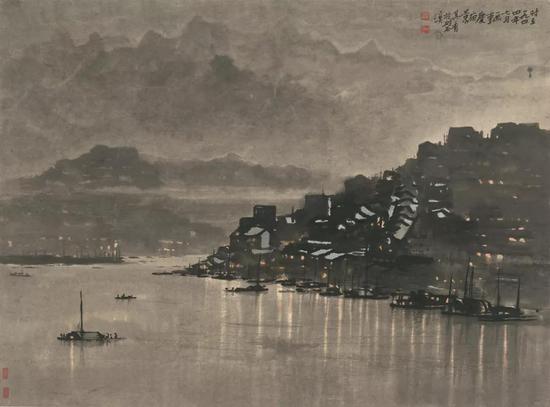《重慶夜景》 宗其香 水墨設(shè)色 41× 55.5 cm 1944年