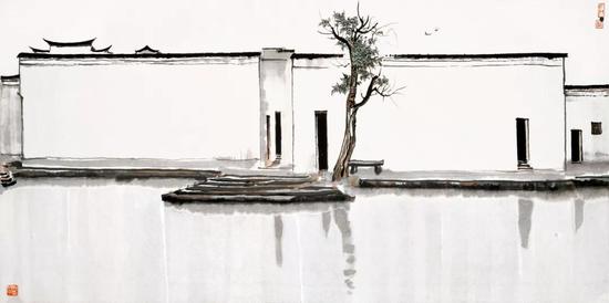 《雙燕》 吳冠中 水墨設(shè)色 70×140cm 1981年