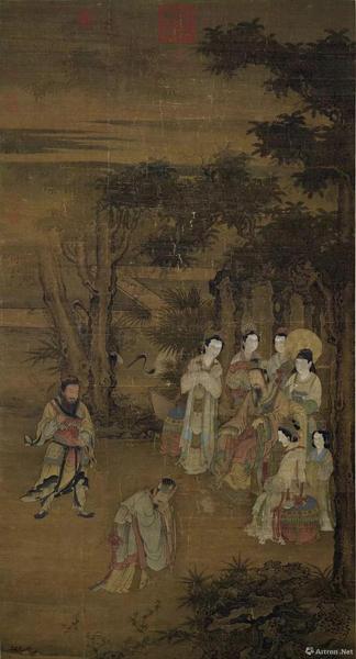 宋人《卻坐圖》絹本設色，縱146.8厘米，橫77.3厘米，現藏臺北故宮博物院