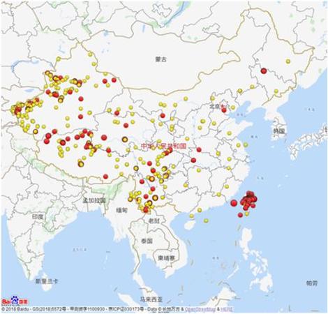 2018年全國3級及以上地震分布圖(四級以上紅色標注)。圖片來源：中國地震臺網微信公眾號