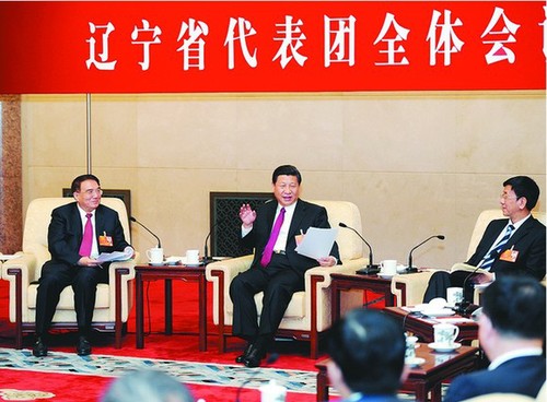3月6日，中共中央總書記、中共中央軍委主席習(xí)近平參加十二屆全國人大一次會議遼寧代表團的審議。 新華社發(fā)