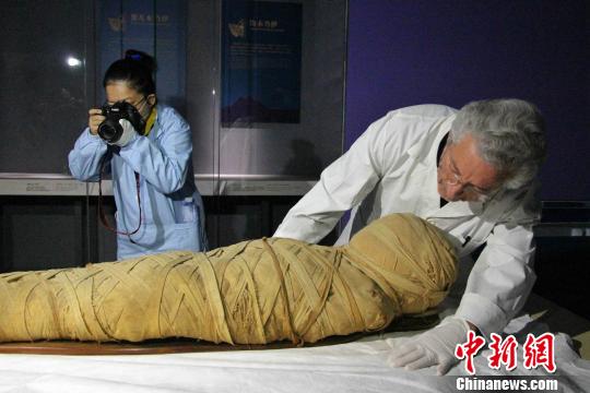 圖為“不朽之旅——古埃及人的生命觀”特展開箱布展現場，專家正在對文物進行點交。　趙曉 攝